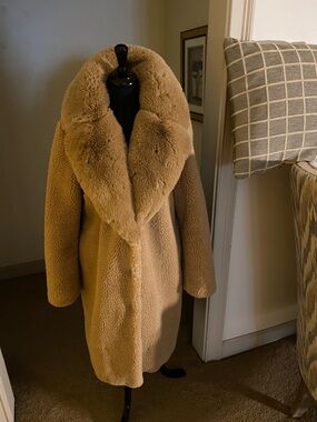 New York & Company Camel Teddy Faux-Shearling Coat with Oversized Collar